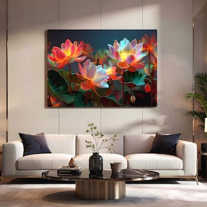May include: A large canvas print featuring vibrant, glowing lotus flowers. The artwork showcases a close-up view of the flowers with petals in shades of orange, pink, and white, set against a dark background. The leaves are a deep green.