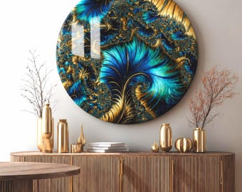 Colorful Fractal Spiral Glass Wall Art, Feather Round Wall Art, Circle Art, Living Room Art, Office Decor, Large Glass Art, Plexi Glass Art
