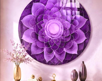 Mandala Glass Wall Art, Purple Wall Art, Round Floral Wall Art, Circle Wall Art, Living Room Art, Lotus Art, Gift, Plexi Glass Wall Art