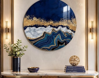 Blue Ocean Wave Glass Wall Art, Round Wall Art, Glass Art, Living Room Decor, Office Decor, Large Glass Art, Stained Round Plexi Glass Art