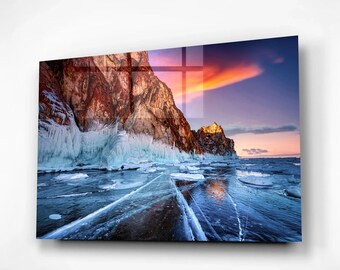 Lake Baikal Frozen Landscape Glass Wall Art – Icy Shores Winter Photography Print