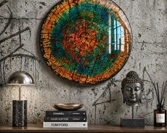 Rustic Look Tree Rings Glass Wall Art, Colorful Round Glass Wall Art, Circle Wall Art, Living Room Art, Office Art, Plexi Glass Wall Art