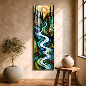 May include: A vertical art piece depicting a winding river flowing through a forest. The artwork features a vibrant color palette with blues, greens, and yellows. A spiral sun is visible above the trees.