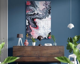 Obsidian Flow Abstract Modern Marble Swirl Glass Print | Modern Red, Grey, White Marble Decor | Luxury Home Decor| abstract wall art