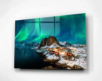 Northern Lights Wall Art – Aurora Over Hamnøy Glass Print, Norway Landscape Décor, Gift for Nature Lovers