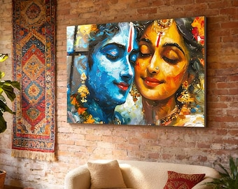 Radha Krishna Divine Love Glass Wall Art, Hindu Spiritual Art, Colorful Indian Devotional Home Decor, Living Room Art, Gift, Plexi Glass Art