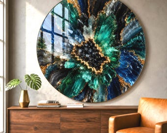 Colorful Emerald Crystal Glass Wall Art, Faux Kintsu, Round Wall Art, Living Room Decor, Office Decor, Large Glass Art, Stained Plexi Art