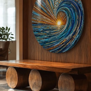 May include: A circular mosaic wall art piece depicting a stylised ocean wave at sunset. The artwork features a gradient of blue, teal, and gold glass tiles arranged in a radial pattern, with a bright white sun at the centre of the wave crest.