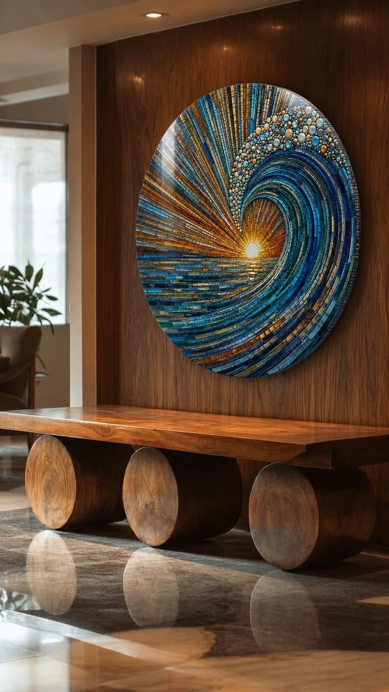 May include: A circular mosaic wall art piece depicting a stylised ocean wave at sunset. The artwork features a gradient of blue, teal, and gold glass tiles arranged in a radial pattern, with a bright white sun at the centre of the wave crest.