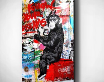 Banksy Inspired Chimp Graffiti Glass Art – Follow Your Dreams Monkey Motivational Street Art Wall Decor