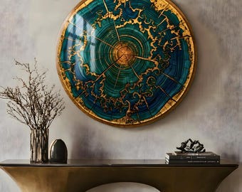 Abstract Tree Rings Glass Wall Art, Blue Gold Round Glass Wall Art, Circle Wall Decor, Living Room Art, Office Wall Art, Plexiglass Wall Art