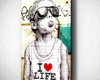 Banksy Style I Love Life Glass Wall Art, Urban Graffiti Street Art, Modern Pop Art, Contemporary Art, Valentine’s Day Gift abstract wall art
