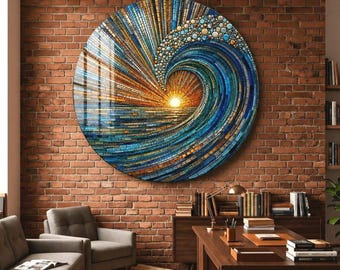 Stained Sunrise Wave Glass Wall Art, Round Wall Art, Glass Art, Living Room Decor, Office Decor, Large Glass Art, Stained Round Plexi Glass