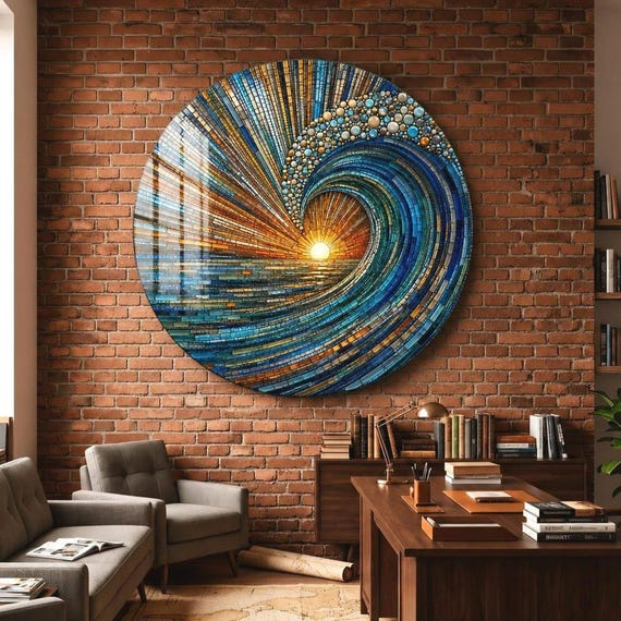 Stained Sunrise Wave Glass Wall Art, Stained Round Plexi Glass Wall Art, Glass Art, Living Room Decor, Office Decor, Extra Large Glass Art