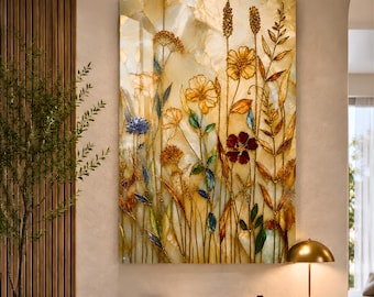 Wildflower Stained Glass Wall Art, Botanical Glass Wall Art, Golden Floral Plexi Glass Wall Art, Nature Wall Hanging, Large Glass Art, Gift