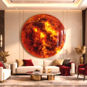 May include: A large, round wall art piece depicting the sun. The artwork features a vibrant display of orange, red, and yellow hues, creating a fiery and dynamic visual effect. The piece is mounted on a neutral-toned wall.