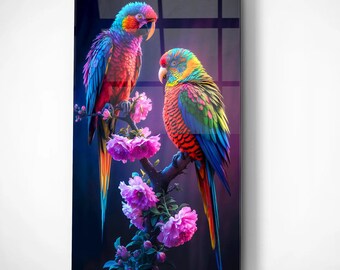 Rainbow Parrots on Floral Branch Glass Wall Art