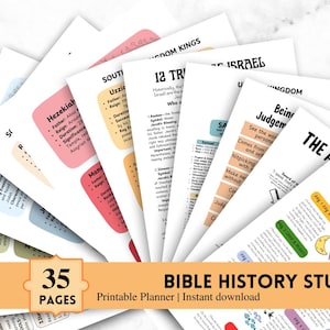 May include: A fan of white pages with colorful text and graphics, including the words "Bible History Study" and "35 Pages." The pages are labeled with terms like "Kingdom Kings" and "12 Tribes of Israel."