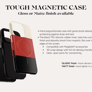 May include: A tough magnetic phone case with a red, white, and black design. The case is compatible with MagSafe accessories and has a 3D wrap design. The case is available in glossy or matte finishes.