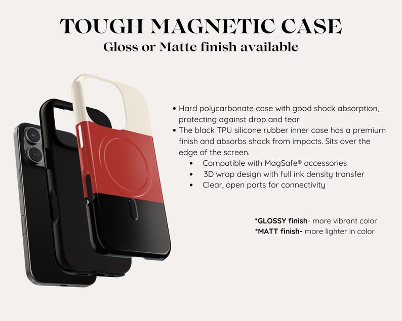 May include: A tough magnetic phone case with a red, white, and black design. The case is compatible with MagSafe accessories and has a 3D wrap design. The case is available in glossy or matte finishes.