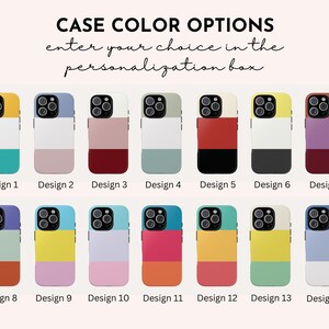 May include: A visual guide to 14 different phone case designs. Each design features a different color combination of three colors. The designs are numbered 1 through 14.