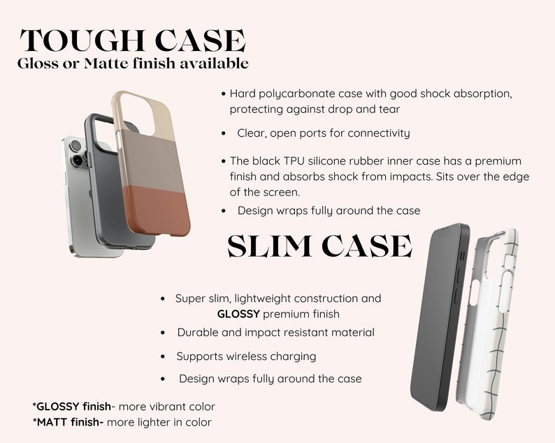 May include: Two phone cases, one with a tough case and one with a slim case. The tough case is a hard polycarbonate case with a black TPU silicone rubber inner case. The slim case is a super slim, lightweight construction with a glossy premium finish. Both cases have a design that wraps fully around the case. *GLOSSY finish- more vibrant color *MATT finish- more lighter in color