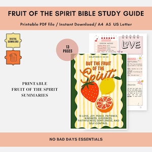 Puede incluir: Una guía de estudio bíblico imprimible titulada "Fruto del Espíritu" con un diseño colorido. La portada presenta una ilustración de fresa, limón y naranja. La guía incluye resúmenes y está disponible como descarga PDF.
