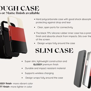 May include: Two phone cases, one labeled "Tough Case" and the other labeled "Slim Case". The Tough Case is a two-piece case with a black outer shell and a red and white inner shell. The Slim Case is a single-piece case with a gray outer shell and a red and white inner shell. Both cases are designed to protect phones from drops and impacts.