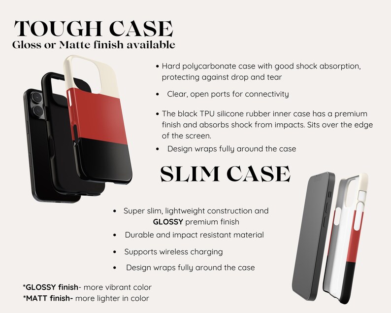 May include: Two phone cases, one labeled "Tough Case" and the other labeled "Slim Case". The Tough Case is a two-piece case with a black outer shell and a red and white inner shell. The Slim Case is a single-piece case with a gray outer shell and a red and white inner shell. Both cases are designed to protect phones from drops and impacts.