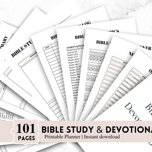 May include: A fan of white paper pages with black text, featuring a Bible study and devotional planner. The text reads "101 Bible Study & Devotional Planner" and "Digital Download". The pages include sections for notes and study.