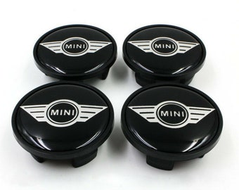 4 x Mini Cooper wing 54mm Alloy Wheel Centre Caps in Black Silver Hub Logo