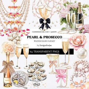 Perły i Prosecco Clipart PNG, Płatki i Prosecco, Bridal Shower Party Clipart, Brunch i Musujące PNG, Ostrygi i Szampan Clipart