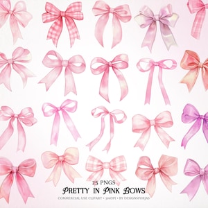 Puede incluir: Colección de lazos de acuarela en varios tonos de rosa, incluyendo diseños de cuadros y lisos. Los lazos están dispuestos sobre un fondo blanco. El texto en la parte inferior dice "Pretty in Pink Bows".