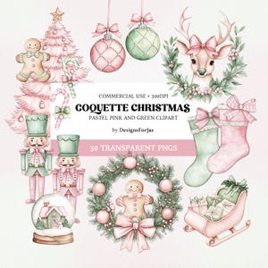 Può includere: Un set di 30 immagini clipart digitali con illustrazioni natalizie in rosa pastello e verde. Le immagini includono un albero di Natale, addobbi, un omino di pan di zenzero, uno schiaccianoci, una ghirlanda, un cervo, calze e una slitta.
