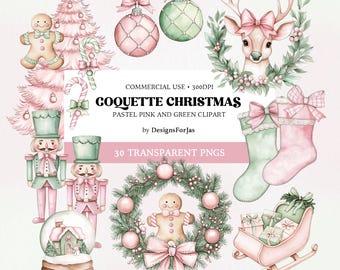 May include: A set of 30 digital clipart images featuring pastel pink and green Christmas illustrations. The images include a Christmas tree, ornaments, a gingerbread man, a nutcracker, a wreath, a deer, stockings, and a sleigh.