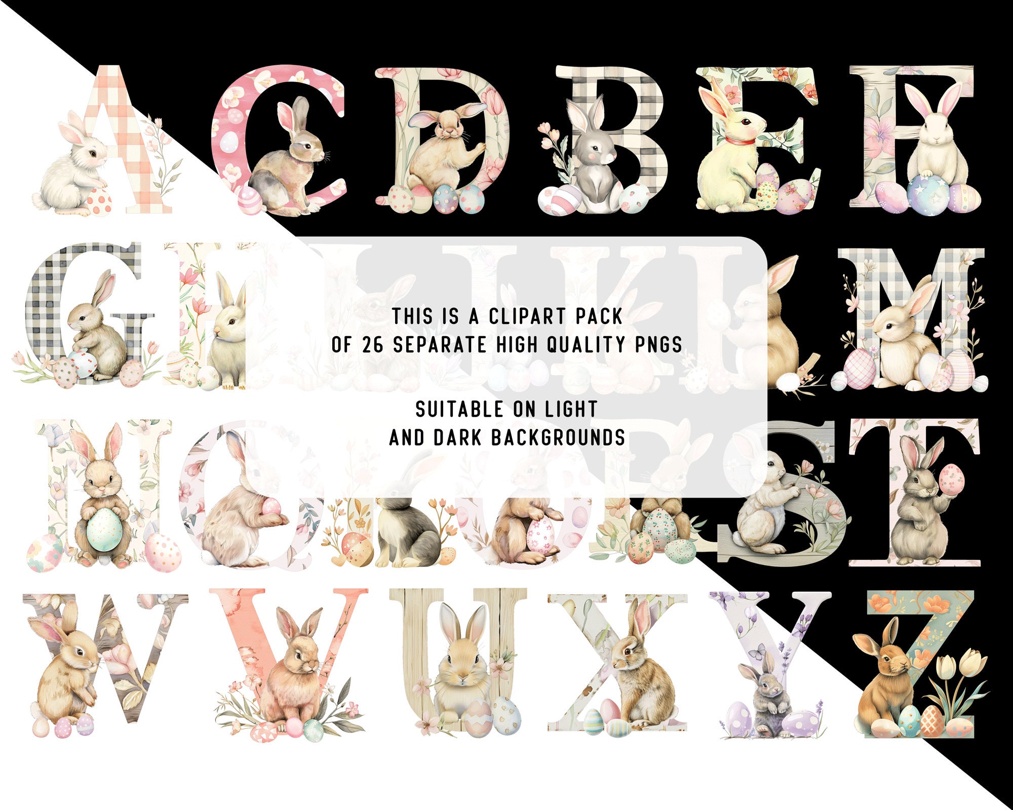 Watercolor Easter Alphabet PNG Clipart: Bunny & Floral Letters (digital ...