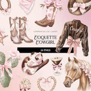May include: A digital illustration featuring Western-themed elements. Includes cowboy boots, hats, a leather jacket with "Cowgirl" text, a horse, and a cactus, all adorned with pink bows and flowers. The text "Coquette Cowgirl" is also present.