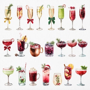 Op de afbeelding: Een verzameling aquarelillustraties van diverse feestelijke cocktails en drankjes in glaswerk, waaronder champagneflutes met strikken, mokken met veenbessen, coupes met rozemarijngarnituur en glazen met zuurstokken.