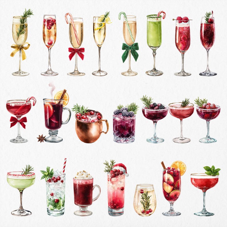 Op de afbeelding: Een verzameling aquarelillustraties van diverse feestelijke cocktails en drankjes in glaswerk, waaronder champagneflutes met strikken, mokken met veenbessen, coupes met rozemarijngarnituur en glazen met zuurstokken.