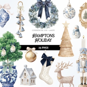 May include: A collection of watercolor Christmas decorations, including a wreath with a navy blue bow, ornaments, a woven tree, a snowman, and a nutcracker. The text "HAMPTONS HOLIDAY" is displayed.