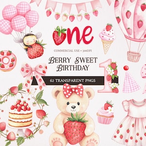 Watercolor Strawberry Clipart: Berry First Birthday PNG (Digital Download)