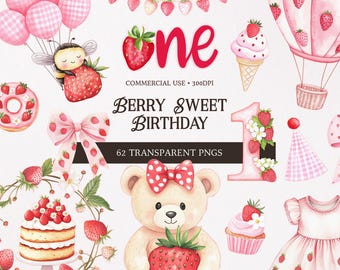 Clipart aquarelle fraise : premier anniversaire de baies PNG (téléchargement numérique)