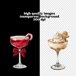 Op de afbeelding: Een rode cocktail in een glas op voet met een zuurstok, een rode strik op de steel en een suikerrand, naast een beige dessert in een glas op voet met slagroom en een kleine peperkoekmannetje koekje als decoratie.