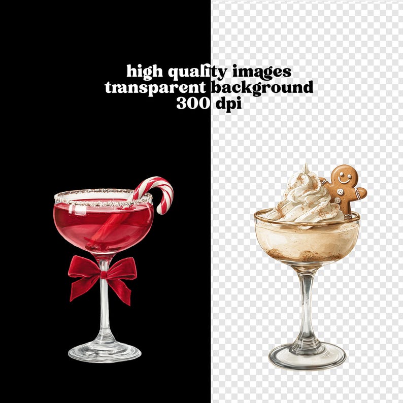 Op de afbeelding: Een rode cocktail in een glas op voet met een zuurstok, een rode strik op de steel en een suikerrand, naast een beige dessert in een glas op voet met slagroom en een kleine peperkoekmannetje koekje als decoratie.