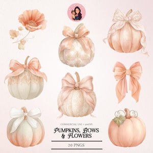 Watercolor Pumpkin Clipart Set: Fall Bows & Florals (PNG Digital Download 300 DPI)