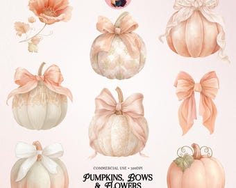 Watercolor Pumpkin Clipart Set: Fall Bows & Florals (PNG Digital Download 300 DPI)