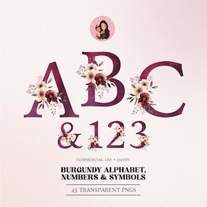 Clipart di alfabeto floreale bordeaux e numeri, alfabeto floreale ad acquerello, lettere monogramma, alfabeto PNG per sublimazione, lettere per scrapbooking