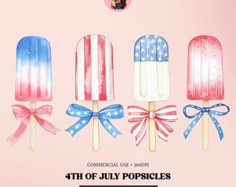 Paletas de helado Coquette 4 de julio PNG Pastel Patriótico Clipart de helado para diseños femeninos preppy del Día de la Independencia Rojo Blanco Azul Clipart