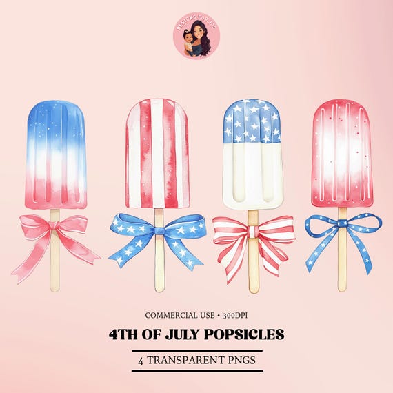 Coquette 4th of July Popsicles PNG Pastel Patriotic Ice Cream Clipart for Girly Preppy Independence Day Designs Red White Blue Clipart