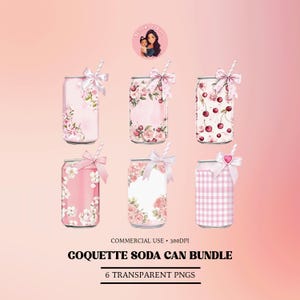 May include: Set of six digital illustrations of pink soda cans with various designs, including floral patterns, cherries, and gingham. The cans are 300 DPI and are available as transparent PNG files.